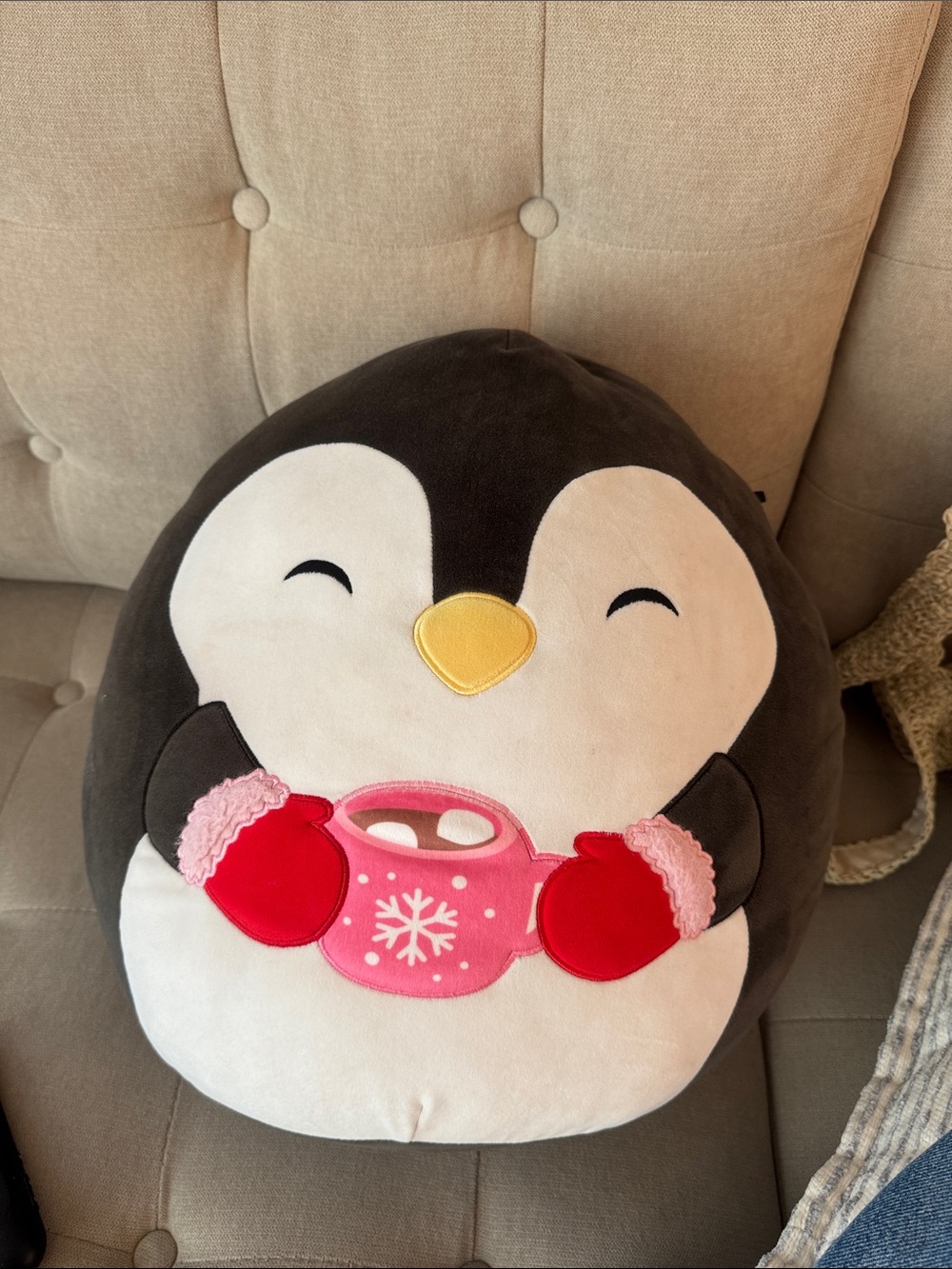 Plush Penguin Throw Pillow with Pink Mug and Red Mittens